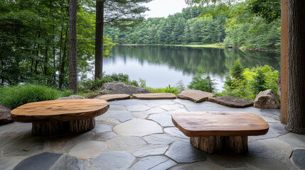 Wall Mural - Rustic patio with wooden tables overlooking tranquil lake view