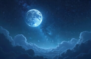 blue moon shines above fluffy clouds in starry night sky. lunar surface with craters is visible. cel