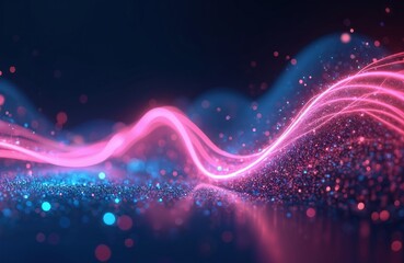 Poster - Abstract futuristic illustration with pink blue glowing neon wave lines, bokeh lights. Data transfer concept, fantastic wallpaper. Dynamic design for digital tech, motion, streaming, energy.