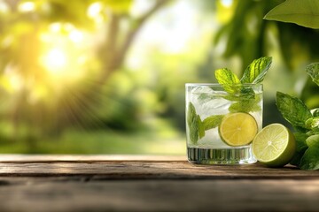 Wall Mural - Refreshing Summer Cocktail with Lime and Mint on Wooden Table in Sunlit Garden