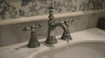 Wall Mural - Close-up of a leaking faucet dripping water onto a white porcelain sink, highlighting the urgency of fixing a product issue.