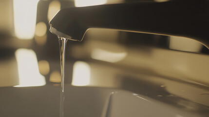 Wall Mural - Close-up of a leaking faucet dripping water onto a white porcelain sink, highlighting the urgency of fixing a product issue.