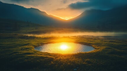 Canvas Print - Mountain lake sunset golden reflection tranquil scene