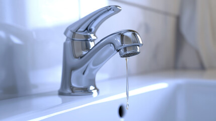 Wall Mural - Close-up of a leaking faucet dripping water onto a white porcelain sink, highlighting the urgency of fixing a product issue.