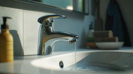 Wall Mural - Close-up of a leaking faucet dripping water onto a white porcelain sink, highlighting the urgency of fixing a product issue.