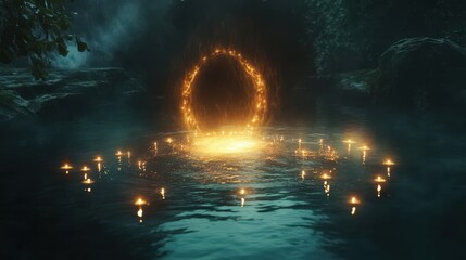 Wall Mural - Mystical Burning Ring Above Calm Water Candles