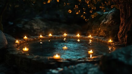 Wall Mural - Enchanting Candles Surround Dark Water Pool at Night