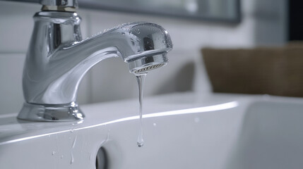 Wall Mural - Close-up of a leaking faucet dripping water onto a white porcelain sink, highlighting the urgency of fixing a product issue.