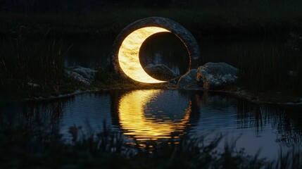 Canvas Print - Illuminated Crescent Moon Rock Art Reflected In Still Water