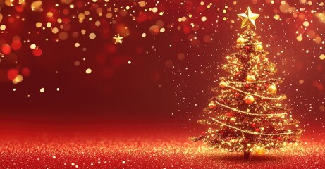 Wall Mural - sparkling christmas tree with golden lights and ornaments on a red background, symbolizing holiday j