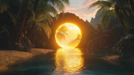 Canvas Print - Tropical Sunset Through Cave Portal Illuminates Paradise Beach