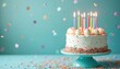 © Vadym - Celebration background featuring white cake with lit candles. Sprinkles, confetti add festive mood, bright decoration. Delicious dessert at bday party with empty copy space for text.