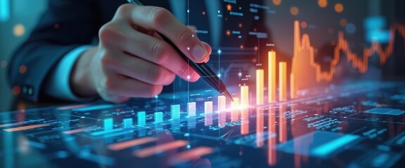 Poster - Illustration of hand with pen analyzing digital charts, bar graphs, data analytics on screen. Financial diagrams, business intelligence, info graphics for investment strategy. Economic statistic,