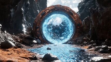 Wall Mural - Ancient portal glows blue within a rocky chasm