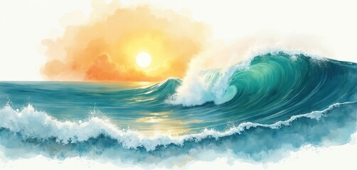 Poster - Watercolor painting featuring ocean wave against sun. Blue, turquoise transparent water glistens motion, foam texture. Design element for summer themes, artistic backgrounds, tropical vibes, sea