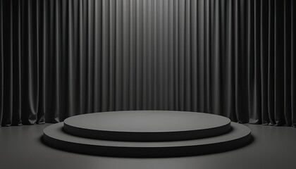 Poster - 3D rendering of round podium with steps against background of black curtains. Theatre stage, showcase for goods exhibition. Empty template. Minimal dark pedestal for product presentation, promotion