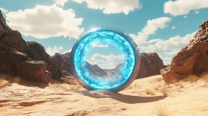 Canvas Print - Futuristic portal stands in a desert landscape