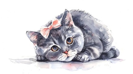 Sweet watercolor illustration of a chubby cat with a tiny bow, designed in a childlike, hand-drawn style using a soft crayon effect on a clean white background. 8k UHD, suitable for high-quality 