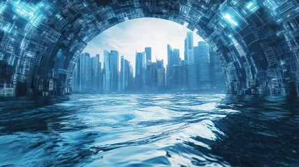 Canvas Print - Futuristic Cityscape Viewed Through a Digital Portal Submerged in Water