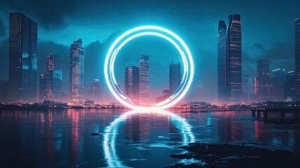 Wall Mural - Neon Ring Above Futuristic Cityscape at Night