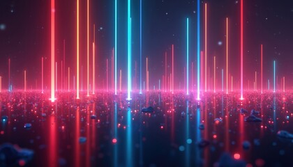 Fototapete - Abstract neon illustration with glowing colorful vertical lines. Generative AI wallpaper for tech banner presentation. Digital futuristic spectrum graphic background with vibrant electric led beams,