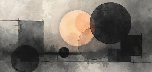 Aufkleber - Vintage charcoal painting with delicate circular shapes, circle formations blending in hues of gray, black, light orange. Abstract geometry composition evokes mystery mood. Background with vintage