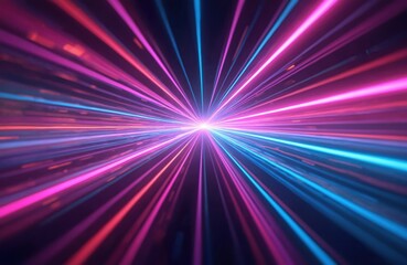 Poster - Abstract tech background of neon fiber optic lines. Blue, purple, pink light streaks create dynamic zoom effect. Glowing rays emanating from center symbolize future tech, speed, energy.