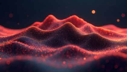 Fototapete - Computer generated mountains landscape with red and blue color scheme. Abstract wavy terrain surface with light flares. Futuristic wireframe grid background for tech, IT, design, business projects.