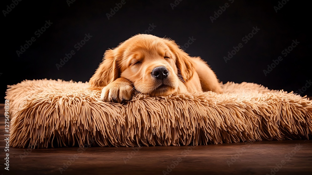 Adorable golden retriever puppy peacefully sleeping on a cozy, fluffy ...