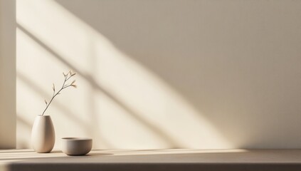 Wall Mural - Minimalist vase, sunlight, wooden shelf, interior, calm