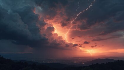 Wall Mural - dramatic thunderstorm with lightning strikes over city at night, beautiful cityscape, mountains view