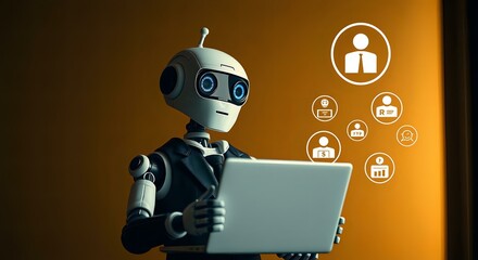 AI Robot Analyzing Data on Laptop