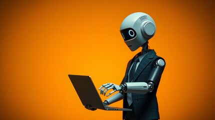 Robot in Suit Working on Laptop: AI in Business