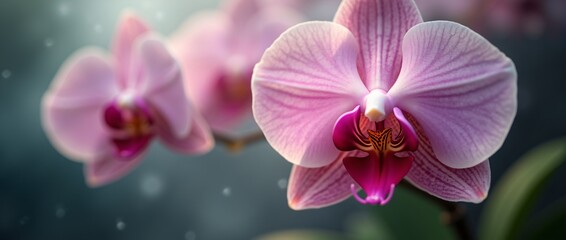 Wall Mural - A close-up of an exotic orchid surrounded by a light mist