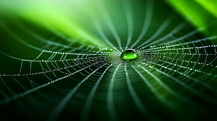 A close-up view of a spider web adorned with water droplets, showcasing intricate patterns and vibrant green background.