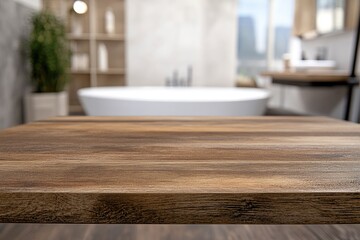 Wall Mural - Empty wooden table in modern bathroom with city view