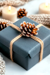Wall Mural - blue box with pine cones on it is sitting on a table. the pine cones are lit up, creating a warm and
