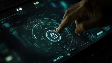 cyber defense mechanism with a secure lock symbol, highlighted by a hand pointing at it in a dark interface