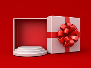 Aufkleber - Blank white round podium stage pedestal in red exhibition booth gift box product display mockup showcase stand with red ribbon bow isolated on dark red background minimal concept 3D rendering