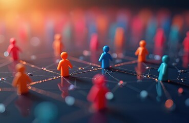 Poster - Illustration of colorful people figures connected over glossy background. Network concept for business, community, social media. Three-dimensional cyberspace organization, human relationships. Many
