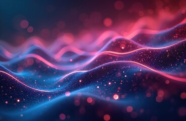 Poster - Abstract futuristic background with pink, blue glowing neon wave lines, bokeh lights. Data transfer backdrop. Fantastic modern wallpaper, digital design, dynamic vibrant tech illustration for banner.