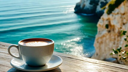 Wall Mural - Enjoying coffee by the sea with scenic cliffs on a sunny day, Cup of coffee on table overlooking cliffs and sea Coastal tranquility concept