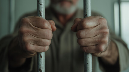 Wall Mural - Behind Bars: A poignant image of a senior citizen's hands gripping the cold, metallic bars of a prison cell, embodying themes of confinement and captivity.