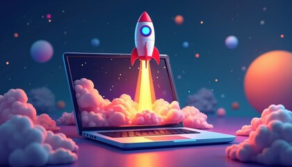 laptop with rocket launching out of screen with clouds. concept of business startup, high tech innov