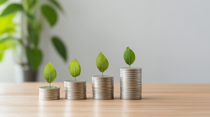 Wall Mural - Financial Growth: Coins are stacked to resemble a growing financial chart, with young plants on top symbolizing sustainable growth and prosperity.