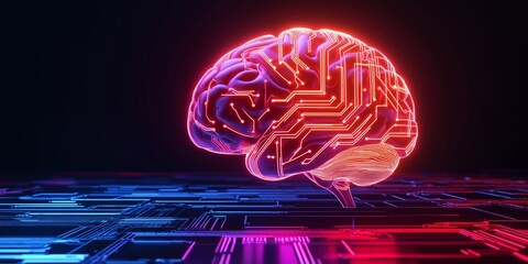 Wall Mural - innovation, war, competition concept. neon brain with circuit patterns against a dark background.