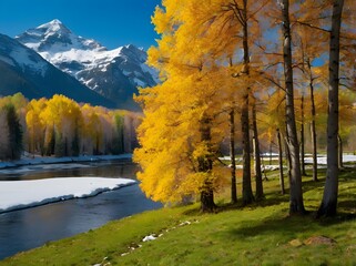 Autumn Landscape  Golden Trees  Snowy River  Mountain Peaks