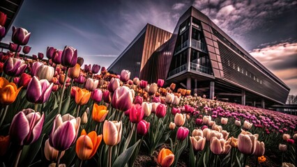 Wall Mural - Netherlands' tulip landscapes offer picturesque spring backdrops; architectural photography in a sea of blooms.