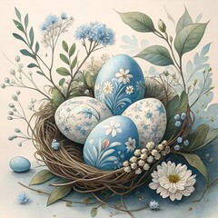 Wall Mural - easter eggs in a basket with flowers