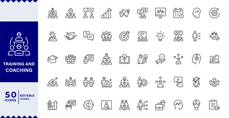 training and coaching line editable icons set. vector illustration in modern thin line style of educ